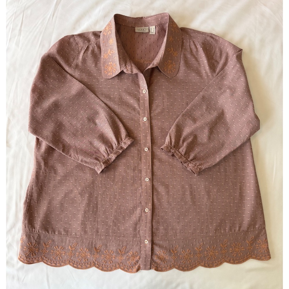 Embroidered Scallop Hem Blouse Tunic LOGO Lori Goldstein Mauve Cotton Sz Large